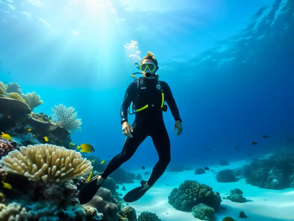 Un buzo en traje de neopreno negro se desliza con gracia entre aguas cristalinas, rodeado de un colorido arrecife y vida marina
