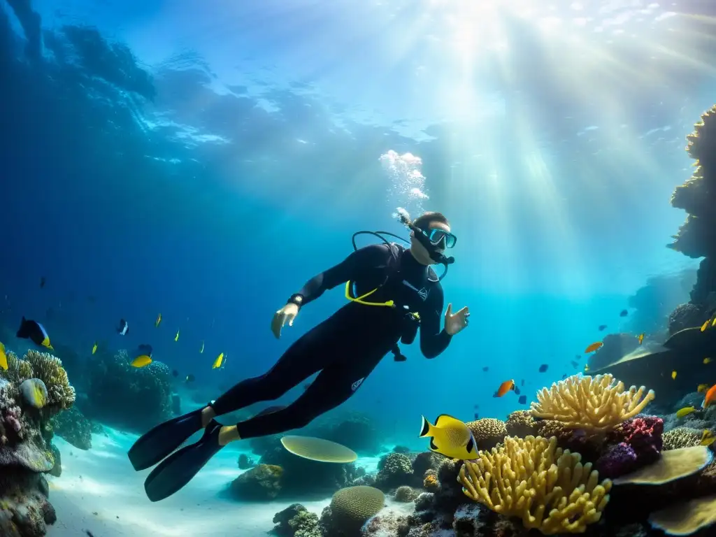 Un buzo en traje de neopreno negro en un vibrante arrecife de coral rodeado de peces tropicales