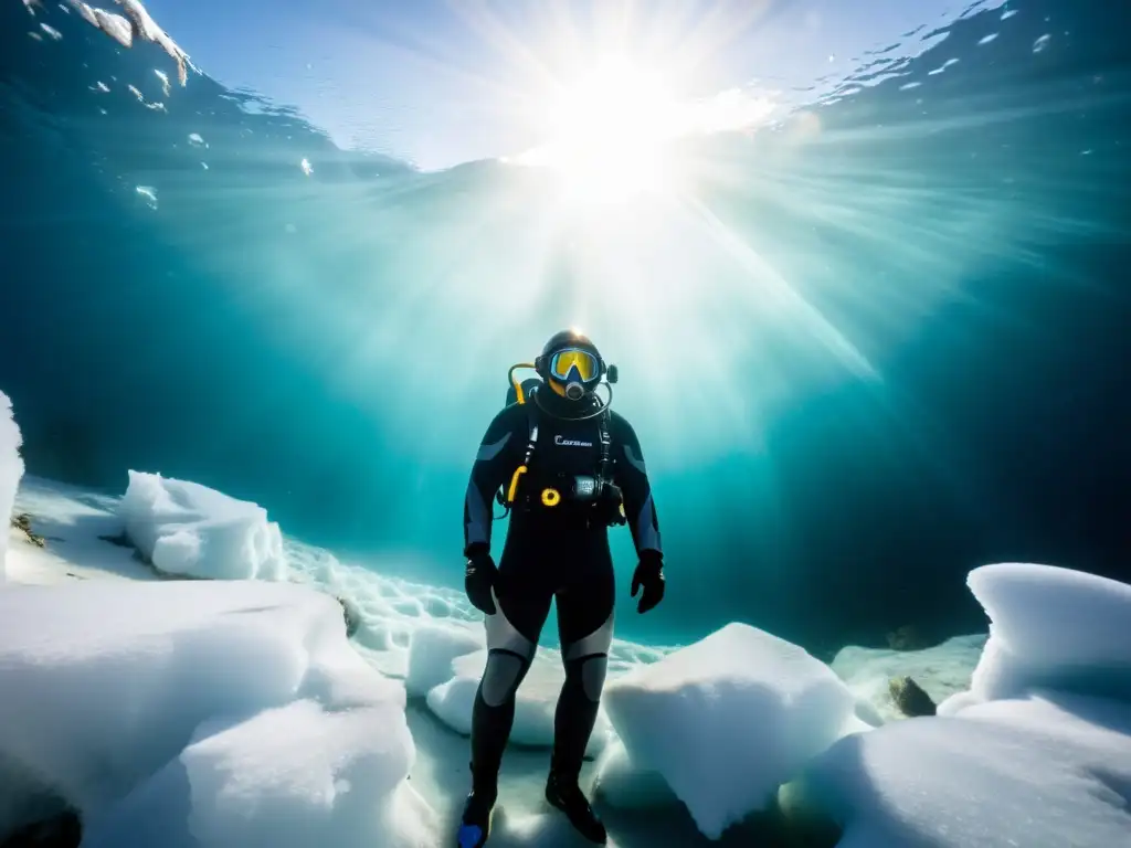 Un buzo en traje de neopreno rodeado de formaciones de hielo en aguas profundas