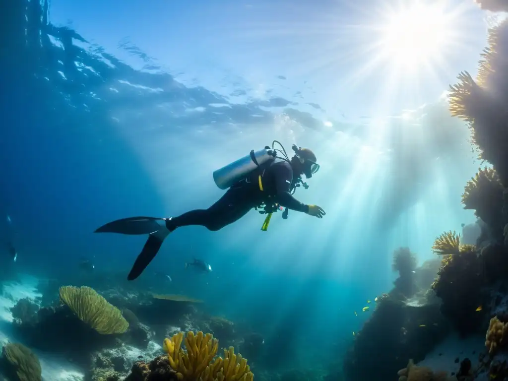 Un buzo en traje premium se prepara para descender en las aguas cristalinas de Isla Guadalupe, rodeado de vida marina vibrante