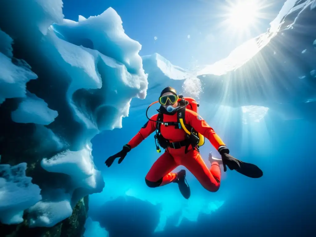 Un buzo con traje rojo especializado nada entre formaciones de hielo, creando un paisaje submarino de ensueño