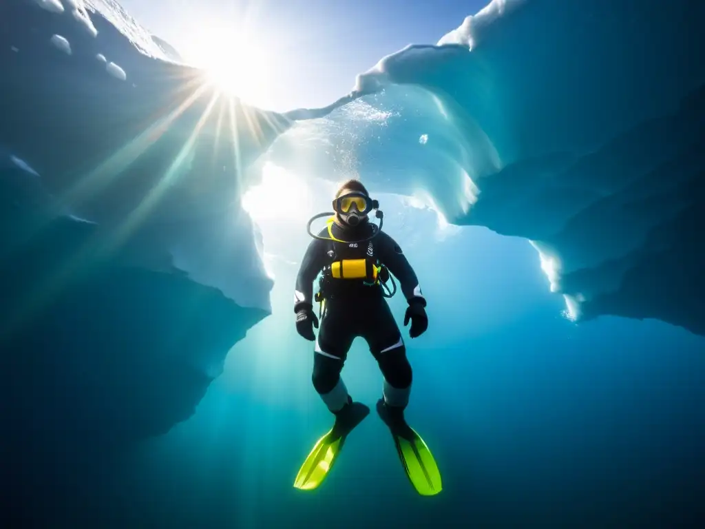 Un buzo en traje seco explorando el paisaje helado del Ártico, destacando los equipos de buceo para expediciones polares