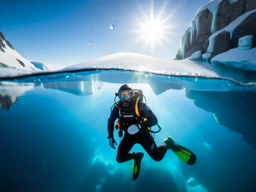 Un buzo en traje seco rodeado de aguas heladas, con la luz del sol filtrándose a través del hielo cristalino, creando un brillo azul etéreo