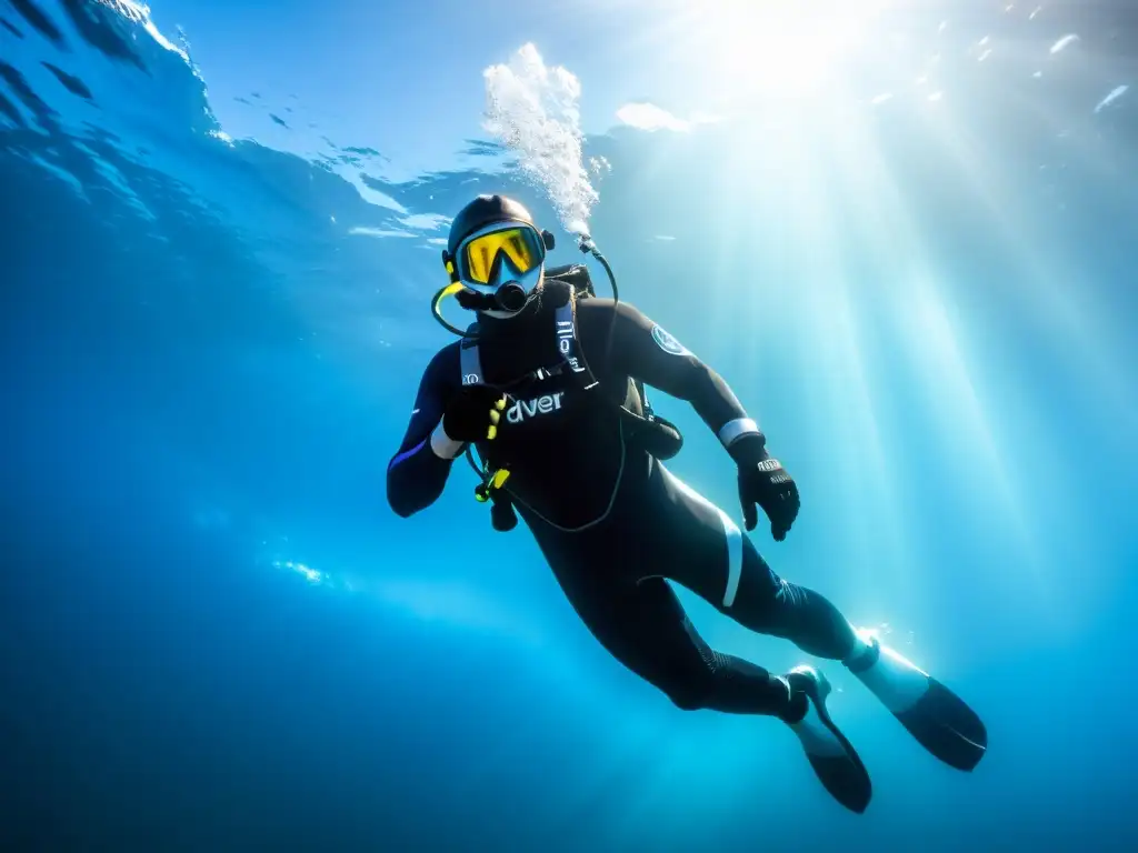 Un buzo con traje térmico eficiente para buceo en frío explora el mundo submarino bajo la luz del sol, rodeado de aguas azules heladas