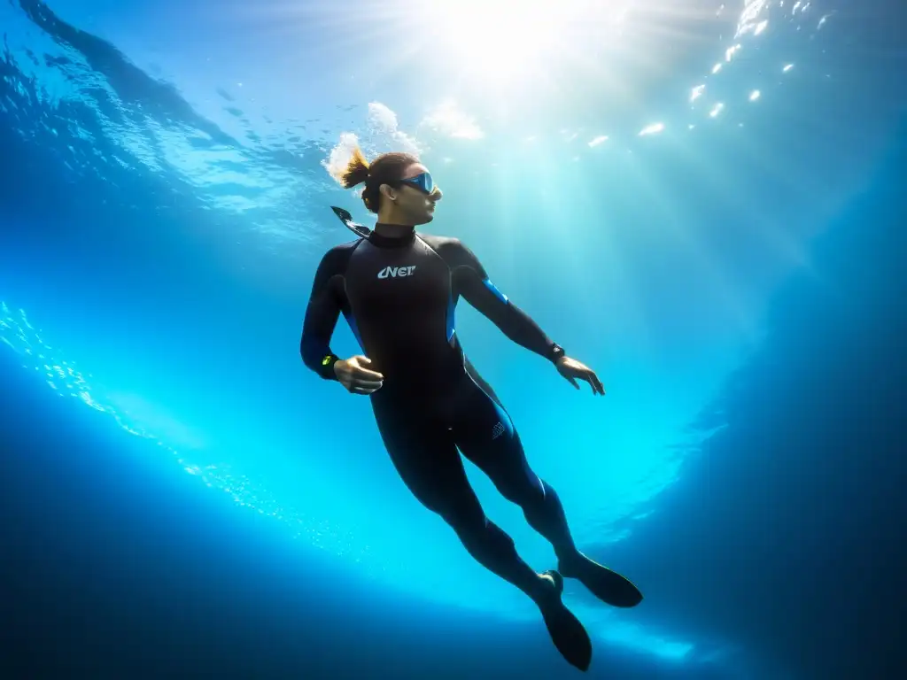 Un buzo con traje térmico eficiente nada elegantemente en aguas cristalinas y frías, destacando su silueta y el entorno submarino