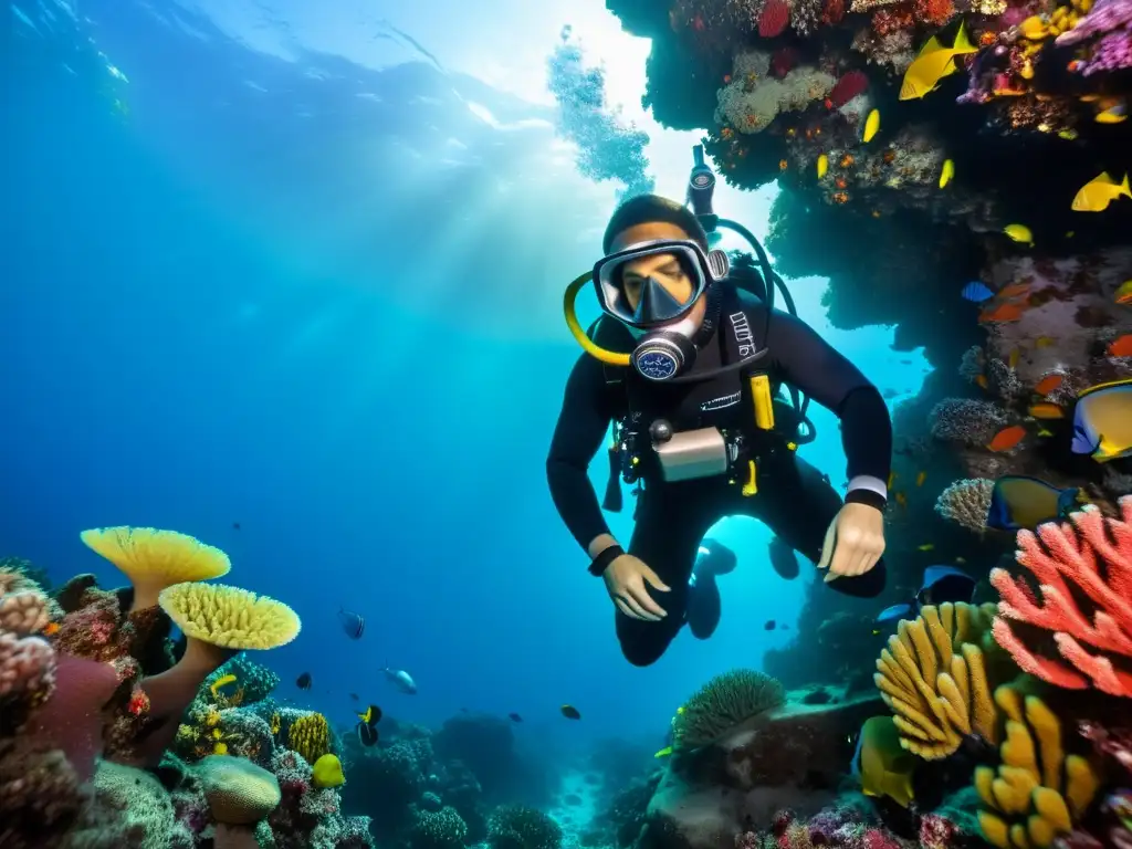 Un buzo explorando un vibrante arrecife de coral, resaltando la protección auditiva para buceo profundo