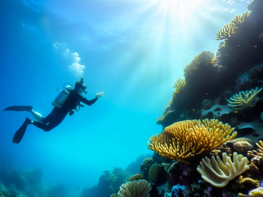 Un buzo explorando un vibrante arrecife de coral, con la luz del sol filtrándose a través del agua azul y creando patrones hermosos en la vida marina