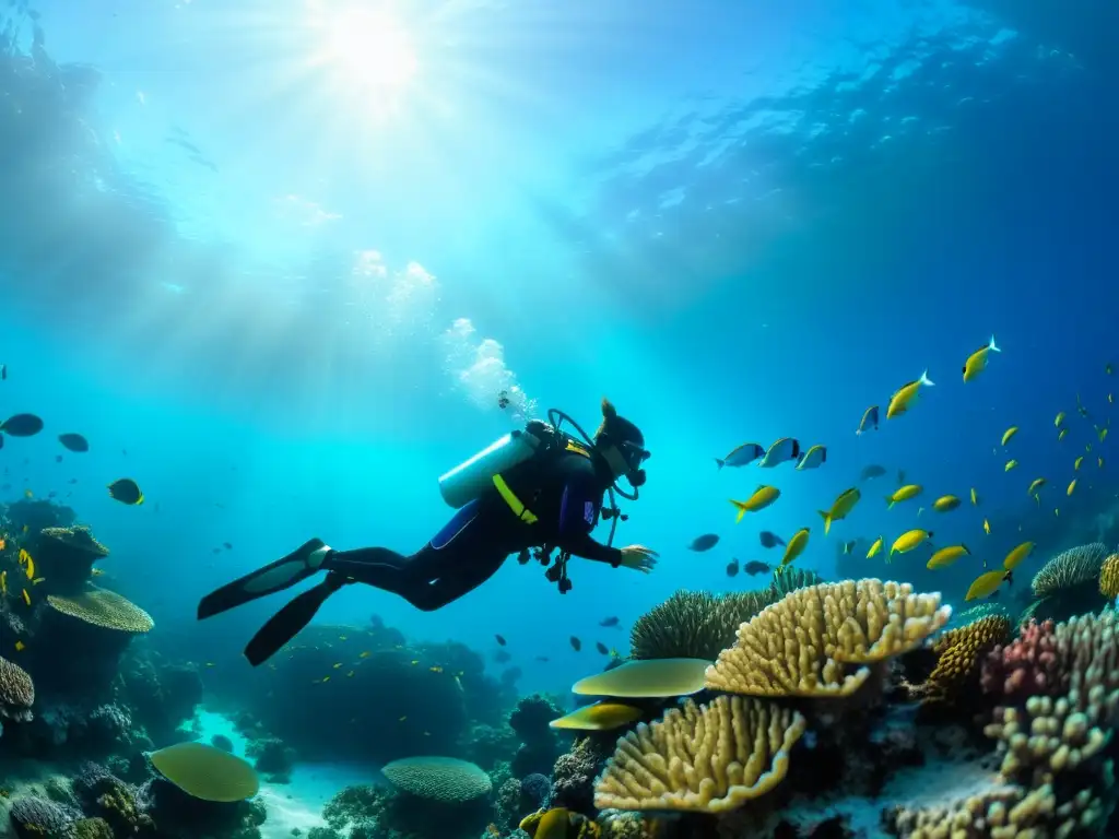 Un buzo explorando un vibrante arrecife de coral rodeado de vida marina