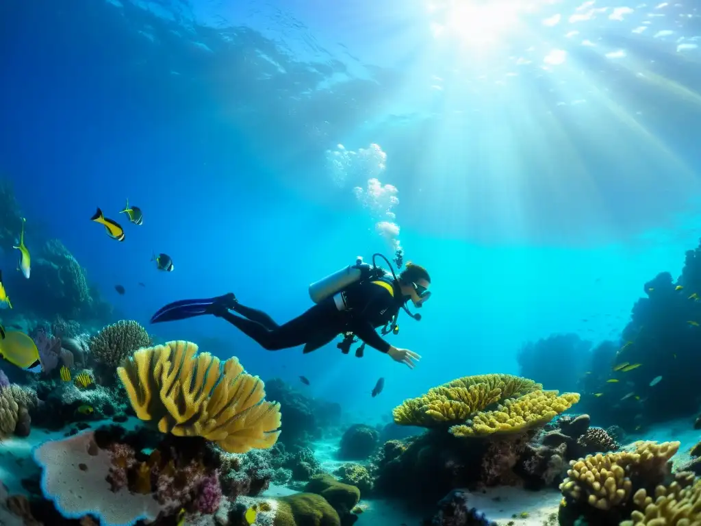 Un buzo explora serenamente un vibrante arrecife de coral, rodeado de peces coloridos y vida marina