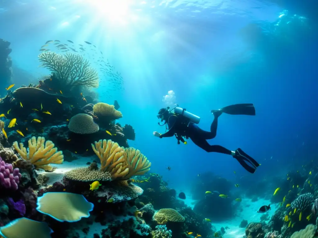 Un buzo explora un vibrante arrecife de coral, rodeado de vida marina colorida