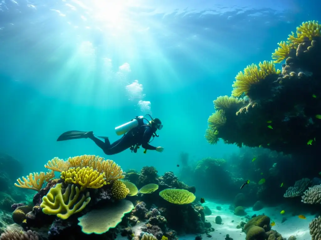 Un buzo explora un vibrante arrecife de coral con nitrox, creando un juego de luces y sombras en el fondo del mar