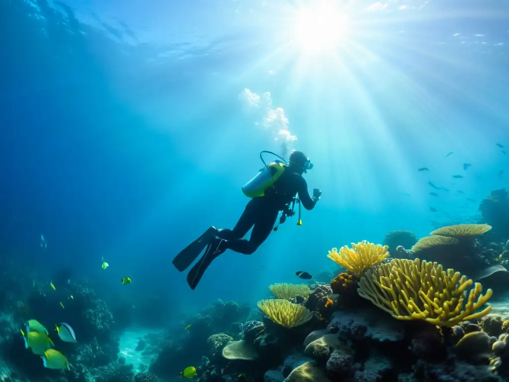 Un buzo explora un vibrante arrecife de coral bajo el agua, rodeado de vida marina