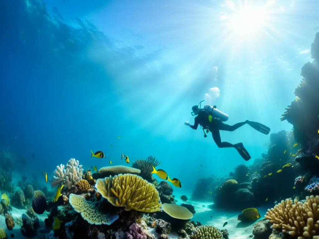 Un buzo explora un vibrante arrecife de coral junto a coloridos peces en un impresionante paisaje submarino