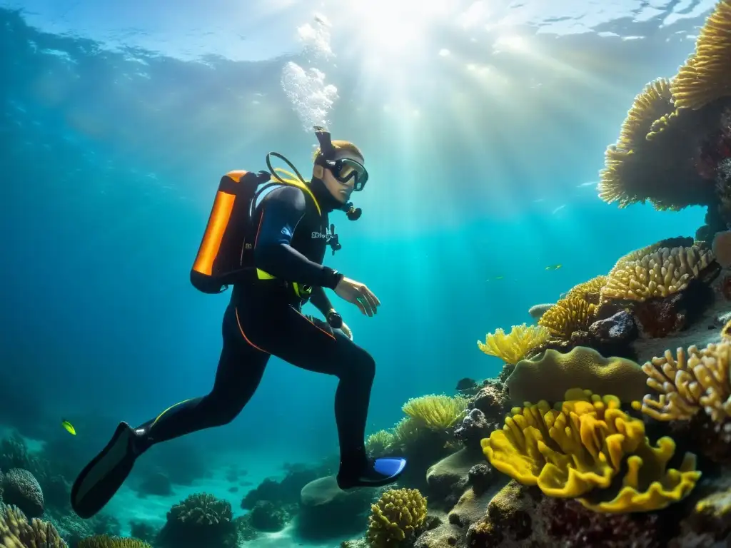 Un buzo explora un vibrante arrecife de coral con un traje seco de alta tecnología, integrando la exploración marina con innovación