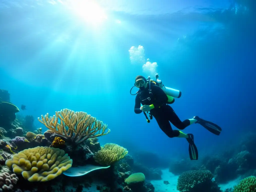 Un buzo explorando un vibrante arrecife de coral en aguas cristalinas, capturando la belleza serena del mundo submarino