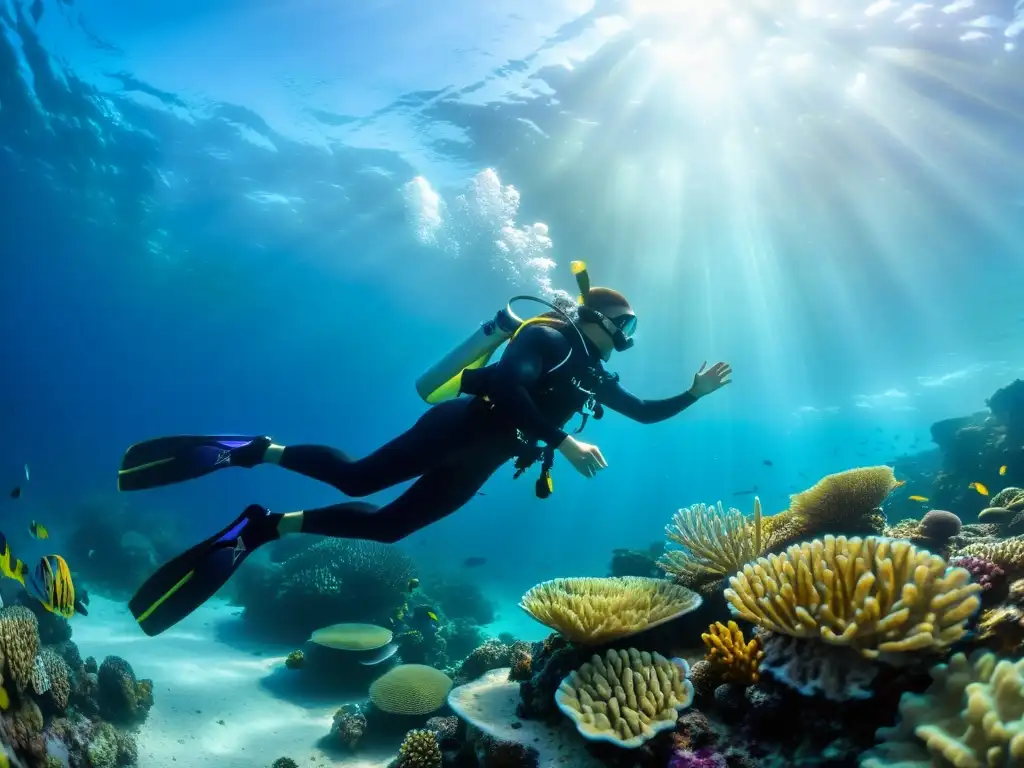 Un buzo explora un vibrante arrecife de coral, rodeado de vida marina colorida