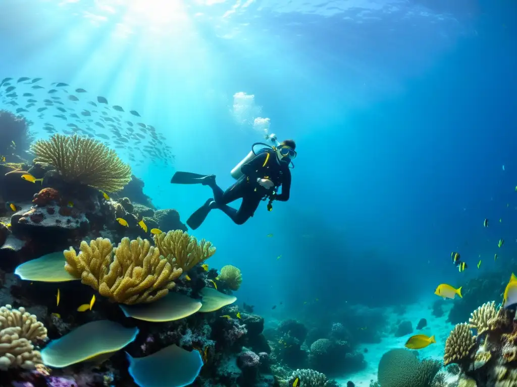 Un buzo explorando un vibrante arrecife de coral, lleno de peces coloridos y vida marina