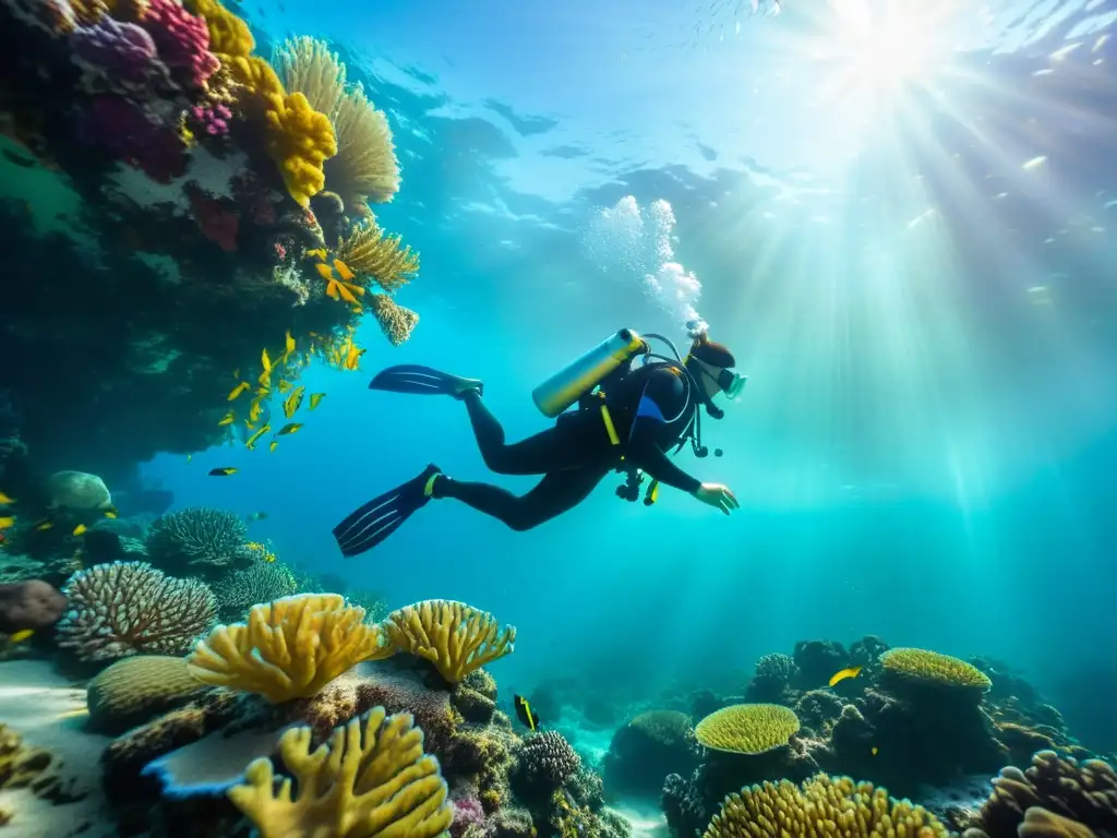 Un buzo explora un vibrante arrecife de coral, destacando la belleza del mundo submarino