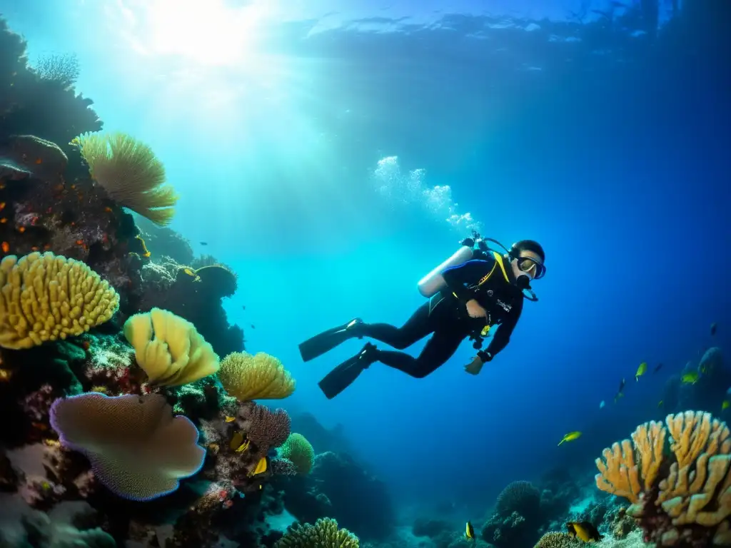 Buzo explorando un vibrante arrecife de coral rodeado de vida marina