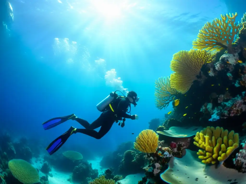 Un buzo explora un vibrante arrecife de coral bajo el agua, destacando la importancia de los protocolos de actuación en accidentes de buceo