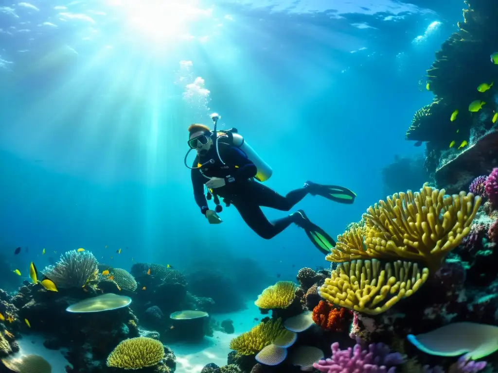 Un buzo explora un vibrante arrecife de coral con equipo de buceo personalizado, iluminado por la luz del sol