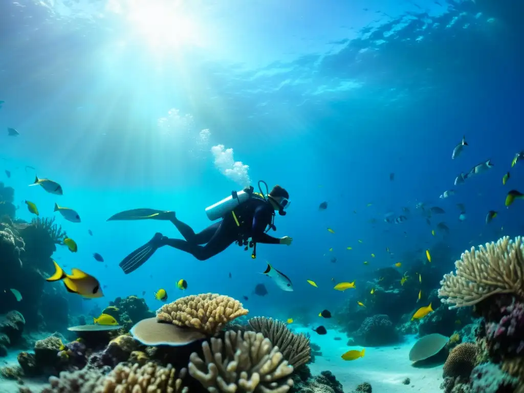 Un buzo explora un vibrante arrecife rodeado de peces tropicales