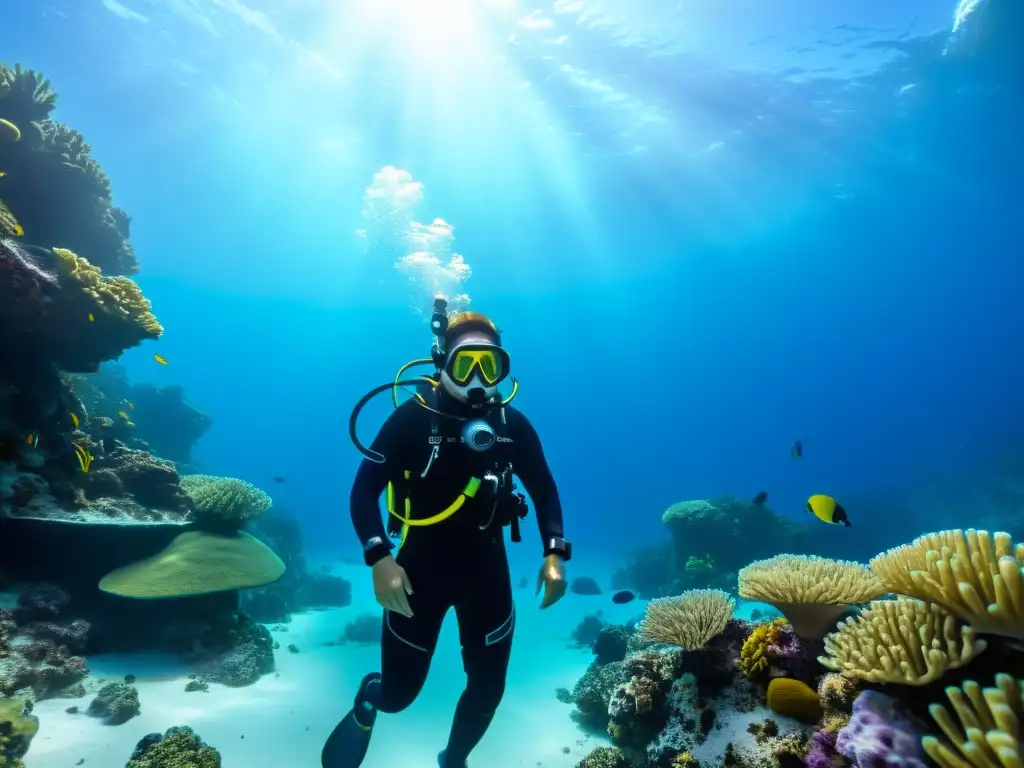 Un buzo explora un vibrante arrecife rodeado de vida marina con un traje de buceo anti UV para protección