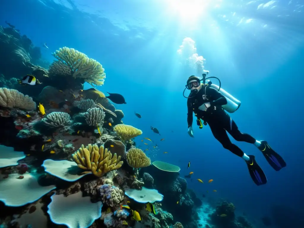 Un buzo desciende en un vibrante ecosistema marino, resaltando la preparación física para buceo profundo