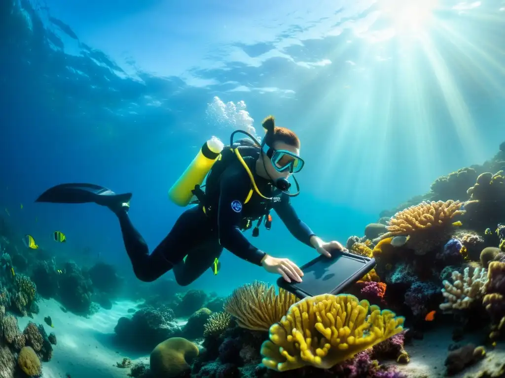 Un buzo explora el vibrante mundo marino con su kit de herramientas de buceo, rodeado de coral y vida marina colorida