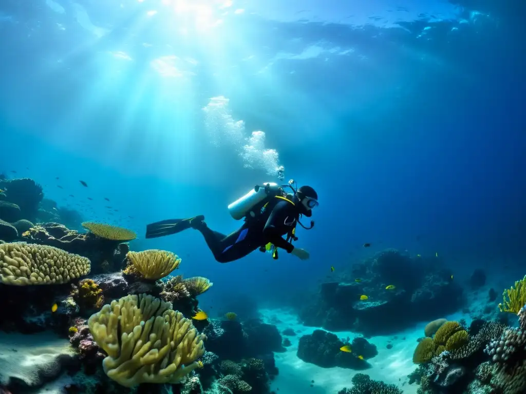 Un buzo explorando un vibrante mundo submarino rodeado de vida marina y corales, capturando la belleza del entrenamiento buceo técnico profundo