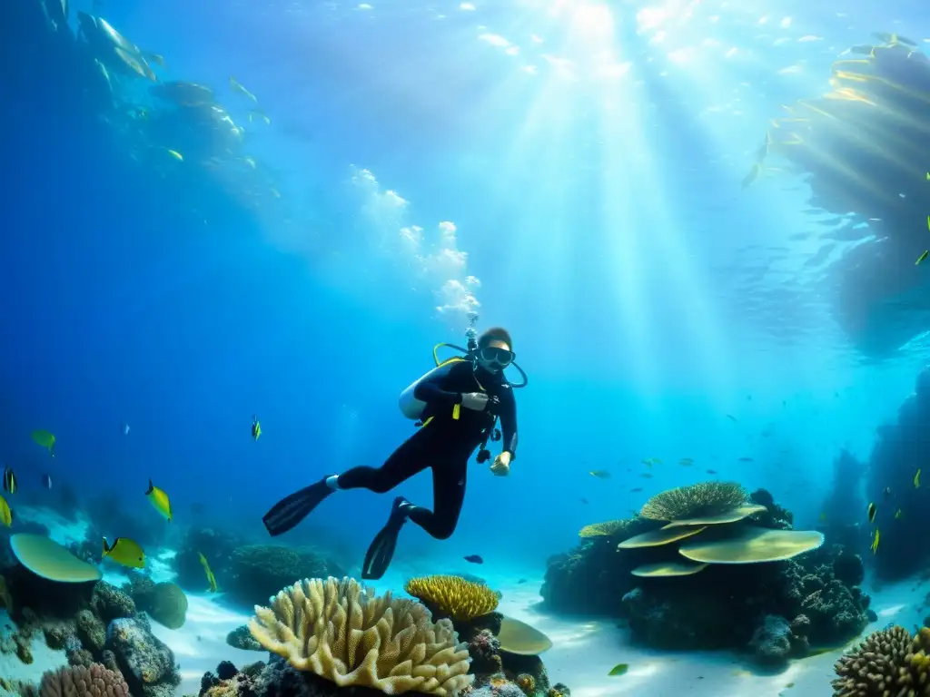 Un buzo disfruta de la vibrante vida marina en un arrecife de coral, rodeado de peces coloridos