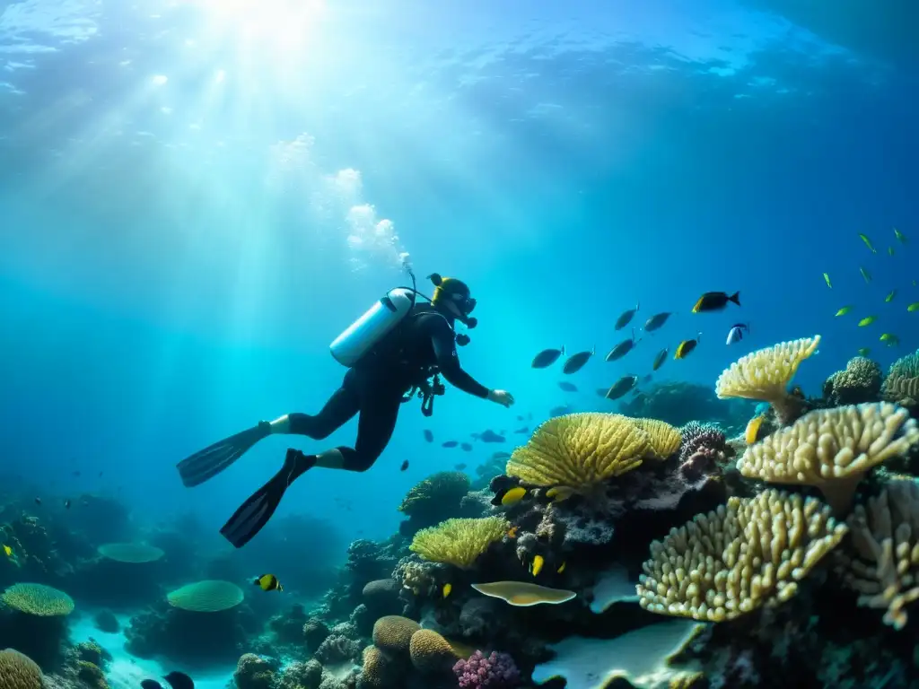 Un buzo disfruta de la vida marina en un arrecife de coral vibrante, demostrando técnicas para economizar aire buceo con calma y destreza bajo el agua