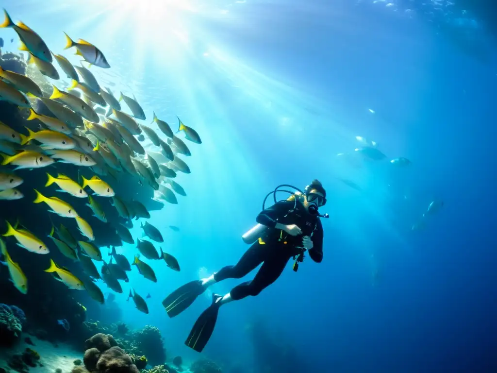 Un buzo disfruta de la vida marina rodeado de peces de colores en el vibrante arrecife de coral, con el mejor regulador para inmersiones submarinas