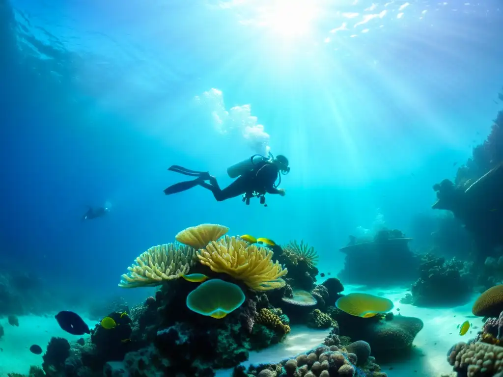 Buzos explorando arrecife de coral vibrante, con luz solar filtrándose y vida marina colorida