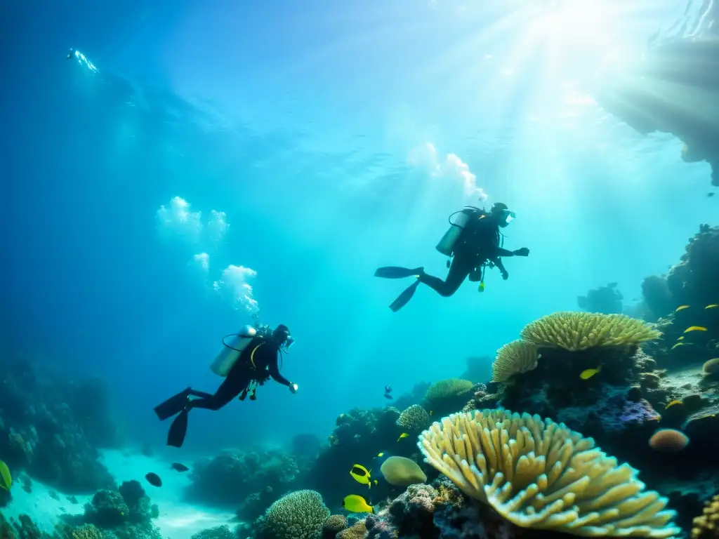 Buzos con narcosis de nitrógeno explorando arrecife de coral vibrante bajo el agua, iluminados por la luz solar y rodeados de vida marina colorida