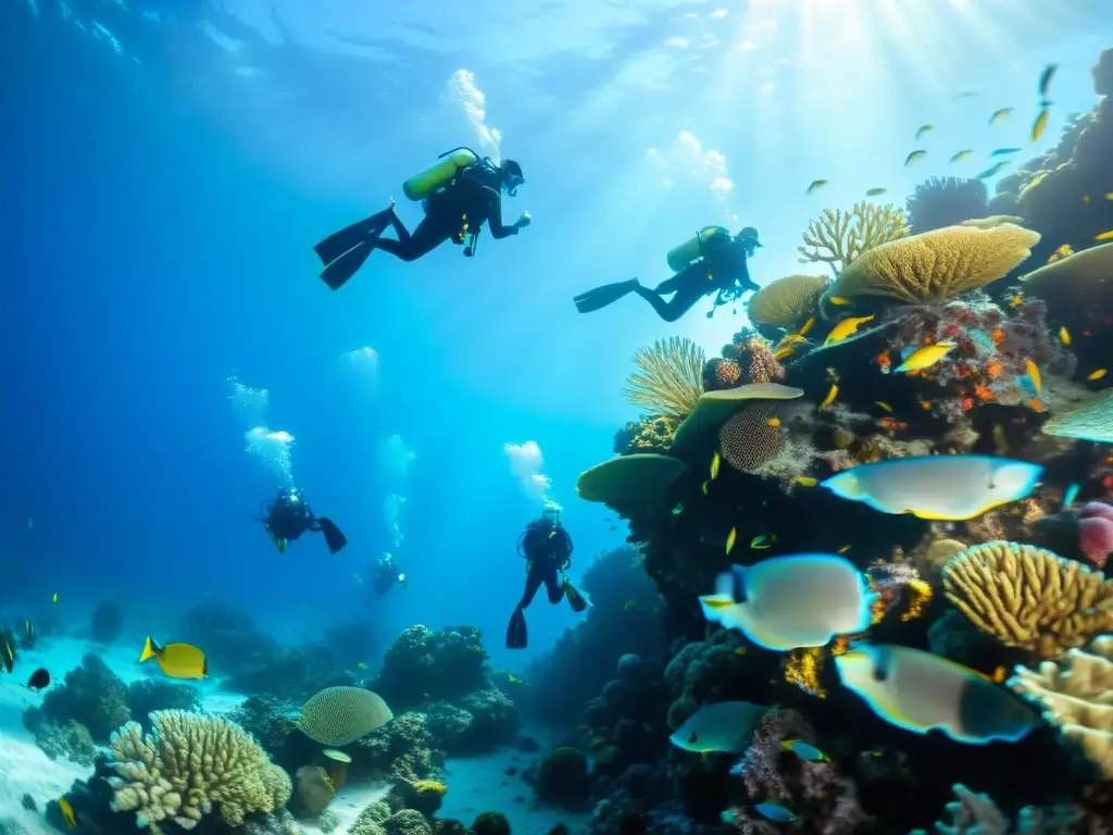 Exploración marina con buzos rodeados de vida marina colorida en un arrecife de coral, capturando la belleza del buceo en el océano