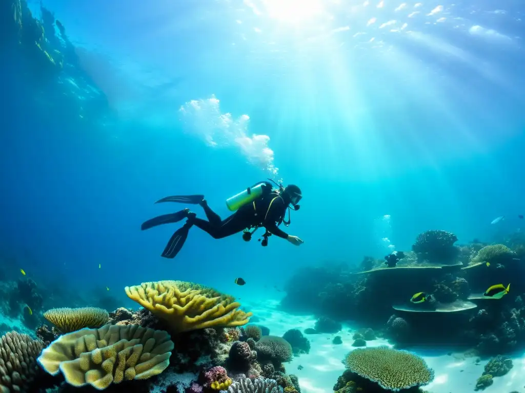 Buzos con sistemas de flotación inteligente explorando un arrecife de coral vibrante bajo el agua cristalina