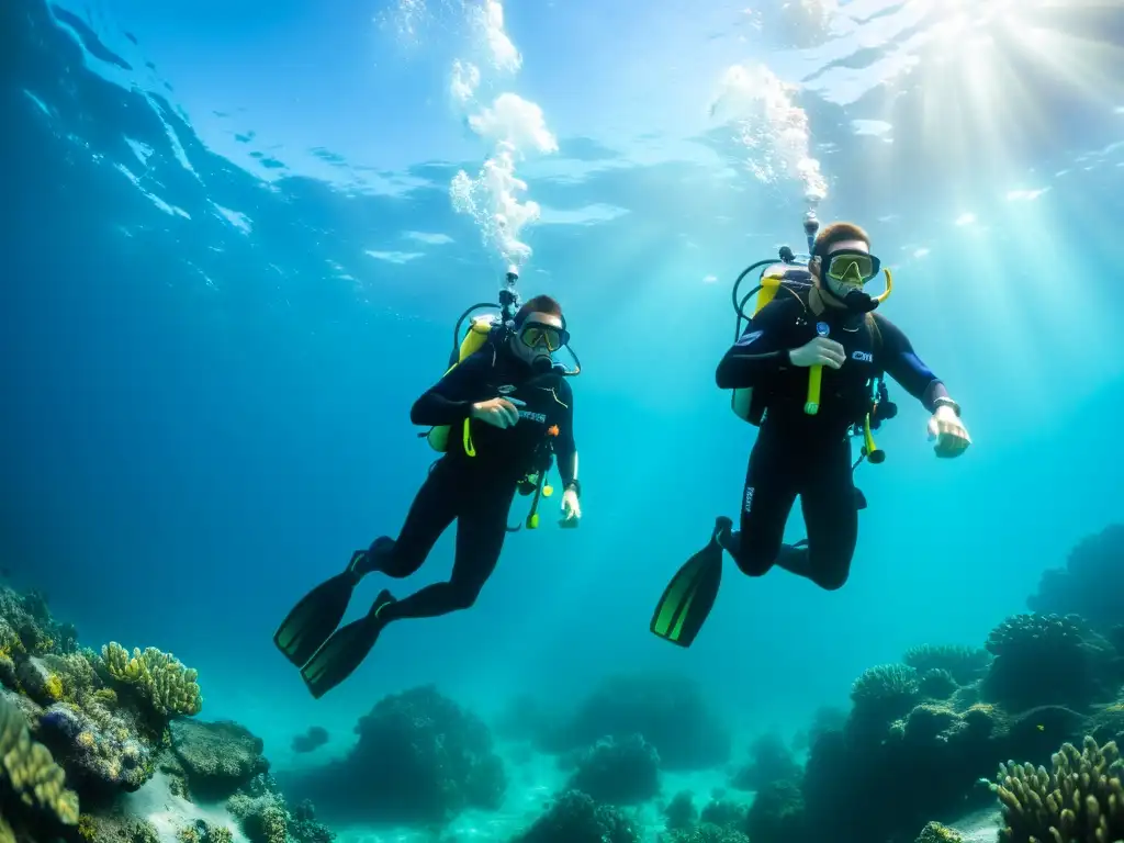 Buzos con sistemas de flotación inteligente explorando aguas cristalinas con tecnología avanzada