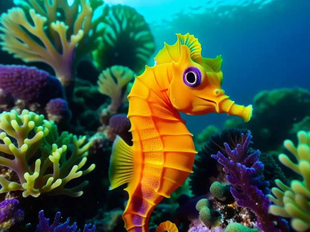 Un caballito de mar naranja se camufla entre corales morados y verdes