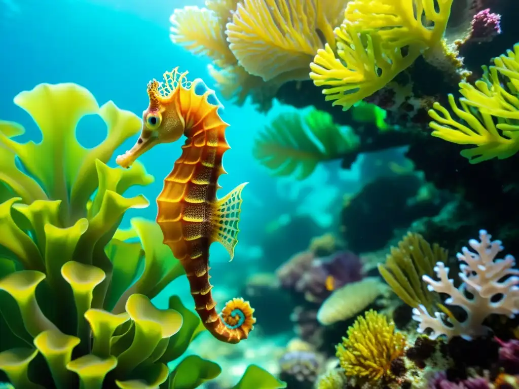 Un caballito de mar joya explorando un vibrante arrecife de coral, entre plantas marinas coloridas