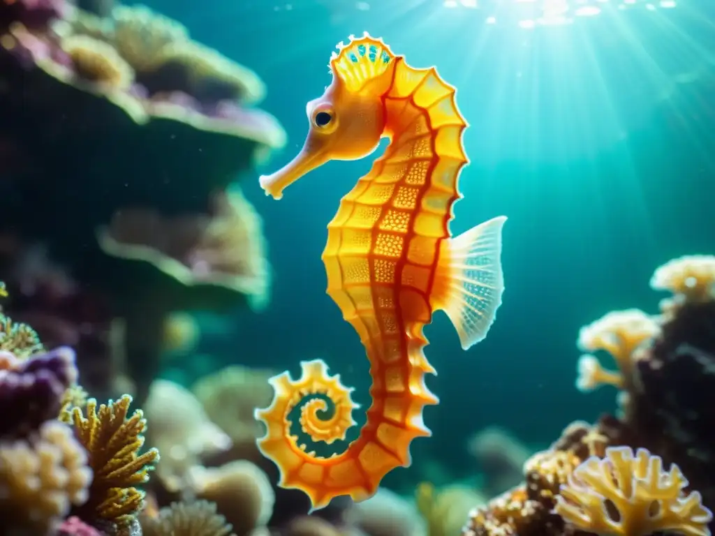 Seahorse naranja brillante en arrecife de coral Un caballito de mar naranja vibrante se aferra a un arrecife de coral intrincado mientras pequeños peces iridiscentes nadan a su alrededor