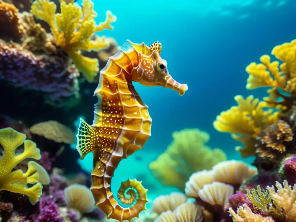 Un caballito de mar vibrante nada entre arrecifes de coral coloridos en aguas cristalinas