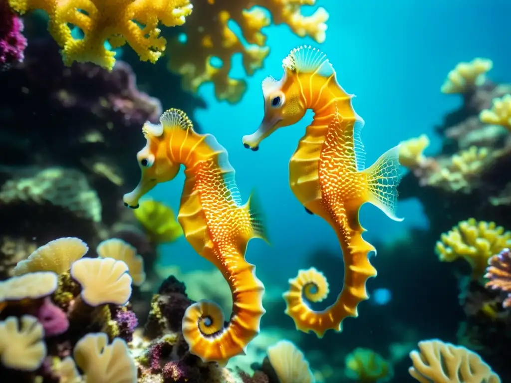 Dos caballitos de mar joyas marinas entrelazados en un vibrante arrecife de coral, bajo la luz del sol