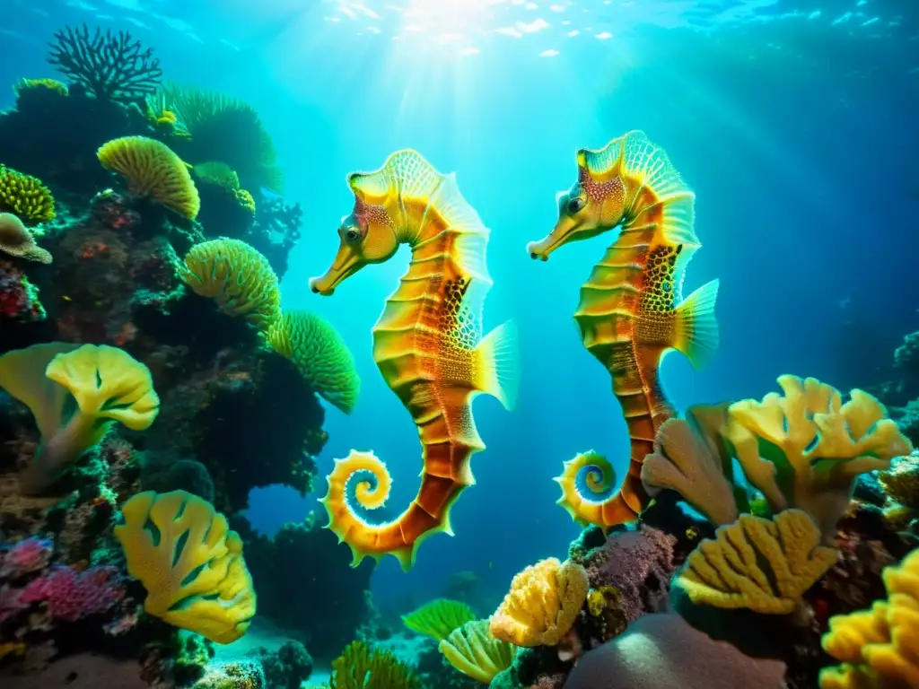 Dos caballitos de mar joyas marinas nadando entre arrecifes de coral, bañados por la luz del sol