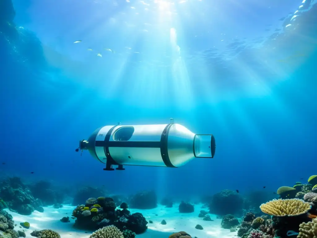 Una cámara de oxígeno hiperbárico en aguas cristalinas rodeada de vida marina y arrecifes de coral