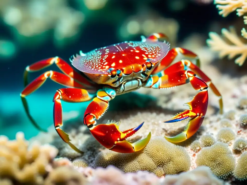 Un cangrejo langosta marina rojo vibrante entre corales y algas, creando una atmósfera serena y llena de vida