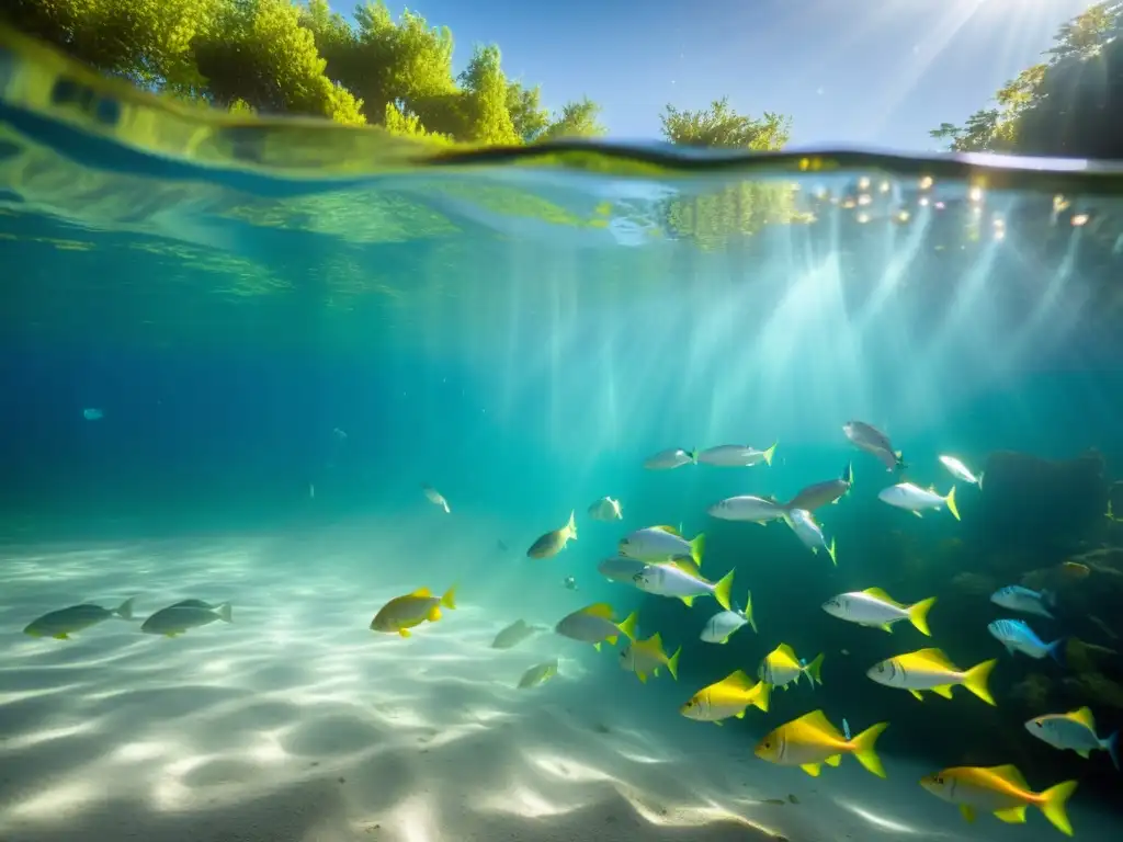 Captura única de la serena superficie del agua con luz solar y peces coloridos en un lago submarino