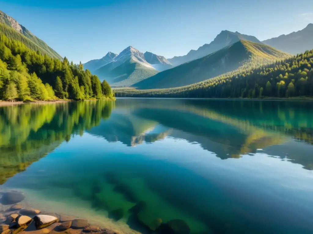 Captura única de superficie de agua reflejando paisaje natural en lago sereno