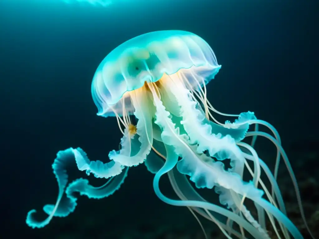 Captura de vida marina: Fotografía nocturna de una medusa bioluminiscente brillando en el oscuro océano, creando un ambiente mágico