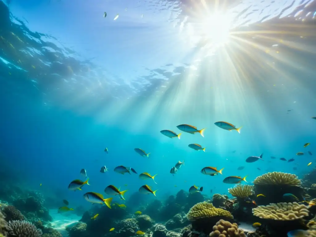 Cardumen de peces iridiscentes nadando entre corales bajo la cálida luz del sol